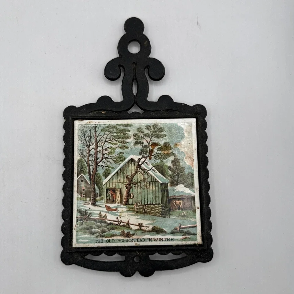 Vintage Cast Iron Tile Trivet The Farmers Home In Winter 10x5